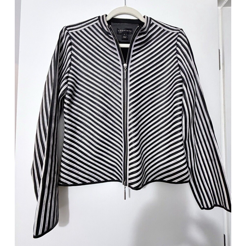 Bagatelle Leather Stripe Chevron White Black Stretch Jacket Sz 8 M